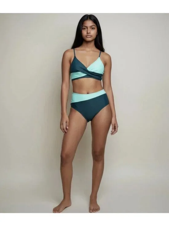 Bikini Set High Waisted Bottom & Twist Front Top Size M Green & Teal - Picture 2 of 10